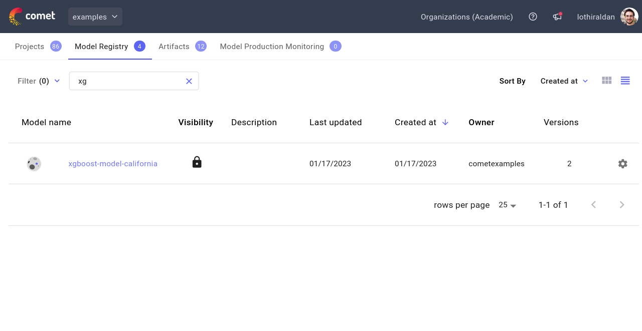 Model Registry page